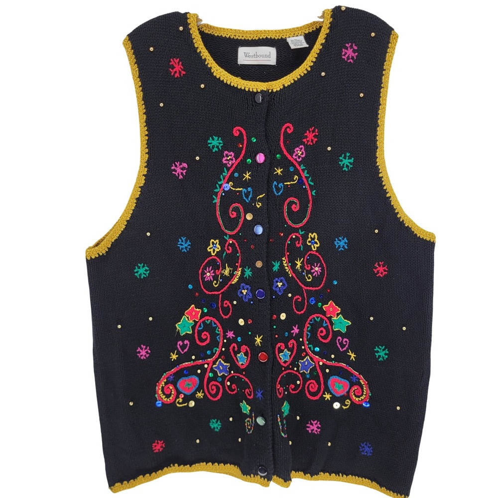 Westbound Vintage Christmas Sweater Vest XL Black Sequin Embroidered Gold Trim